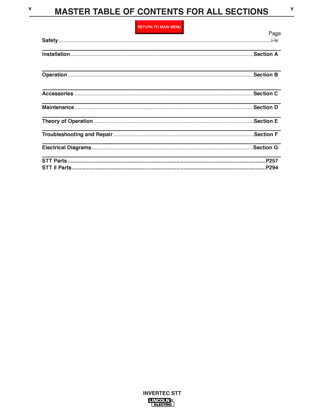 Lincoln Electric SVM129-B service manual Master Table of Contents for ALL Sections 