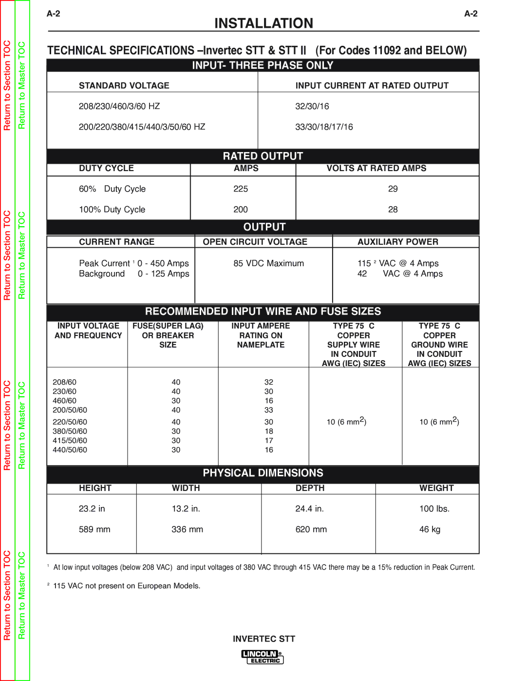 Lincoln Electric SVM129-B service manual Installation, INPUT- Three Phase only 