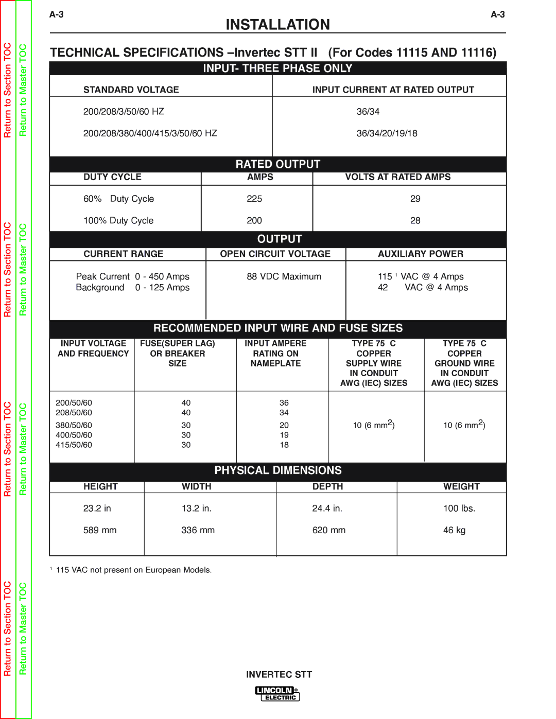 Lincoln Electric SVM129-B service manual Technical Specifications -Invertec STT For Codes 11115 