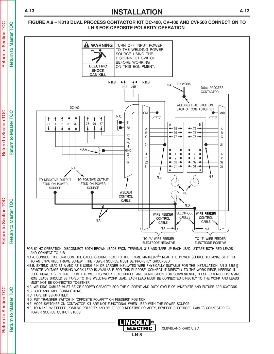 Lincoln Electric SVM132-A service manual LN-8 for Opposite Polarity Operation, Shock Can Kill 