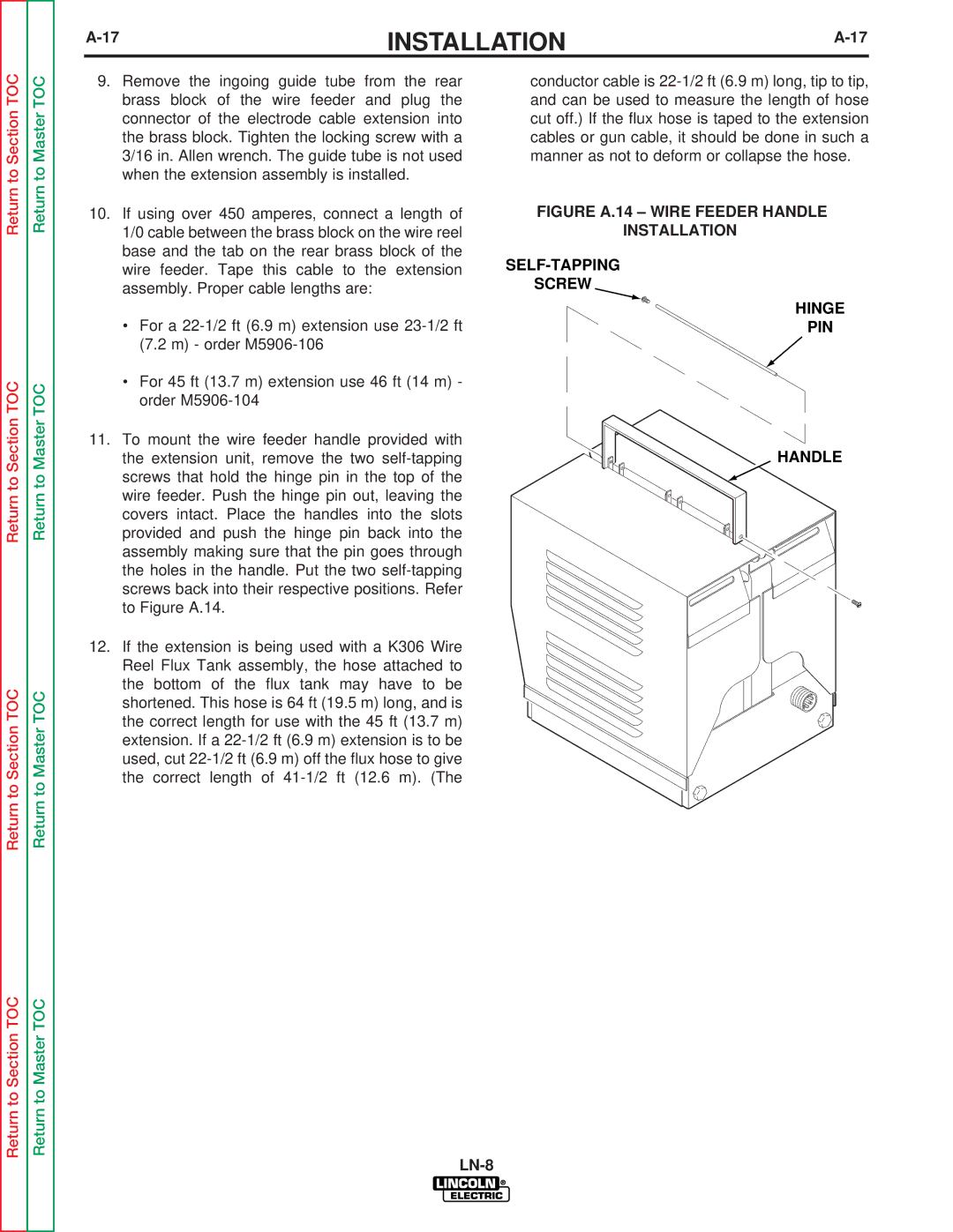 Lincoln Electric SVM132-A service manual Figure A.14 Wire Feeder Handle Installation, SELF-TAPPING Screw Hinge Handle 