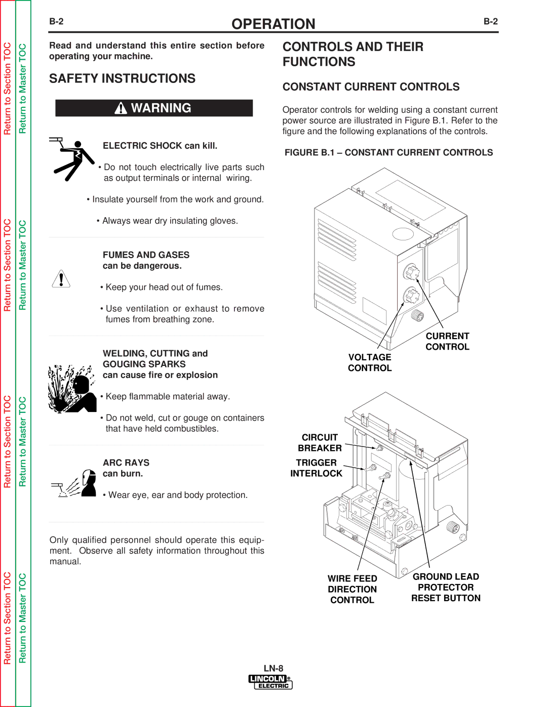 Lincoln Electric SVM132-A Safety Instructions, Controls and Their Functions, Constant Current Controls, Gouging Sparks 