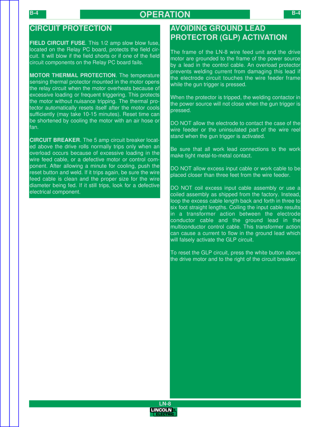 Lincoln Electric SVM132-A service manual Circuit Protection, Avoiding Ground Lead Protector GLP Activation 