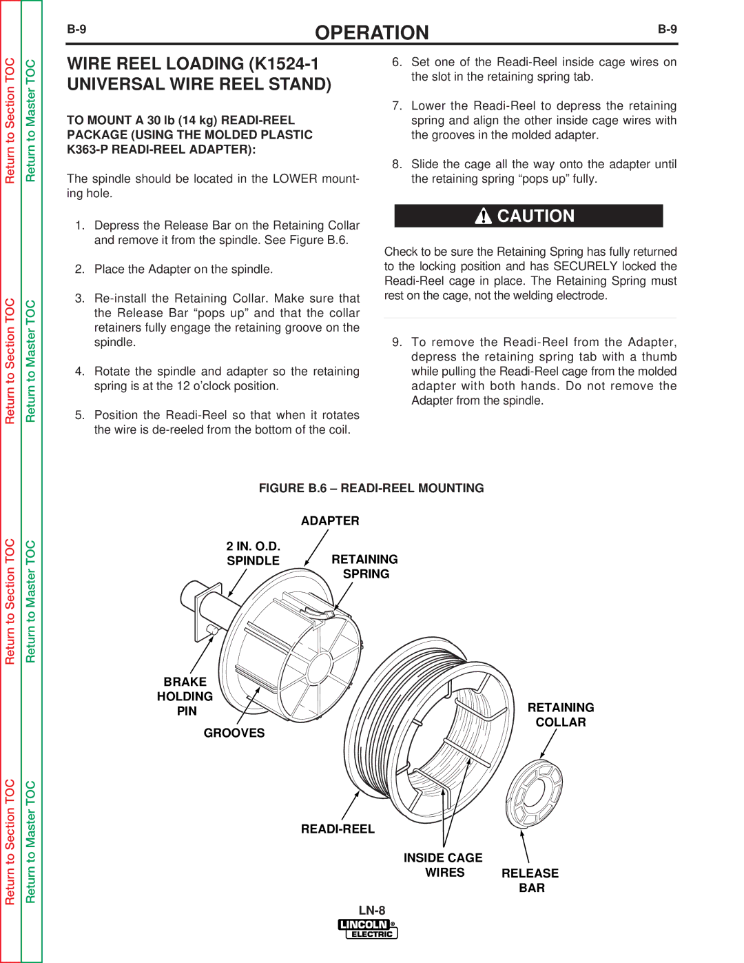 Lincoln Electric SVM132-A service manual Wire Reel Loading K1524-1 Universal Wire Reel Stand, K363-P READI-REEL Adapter 