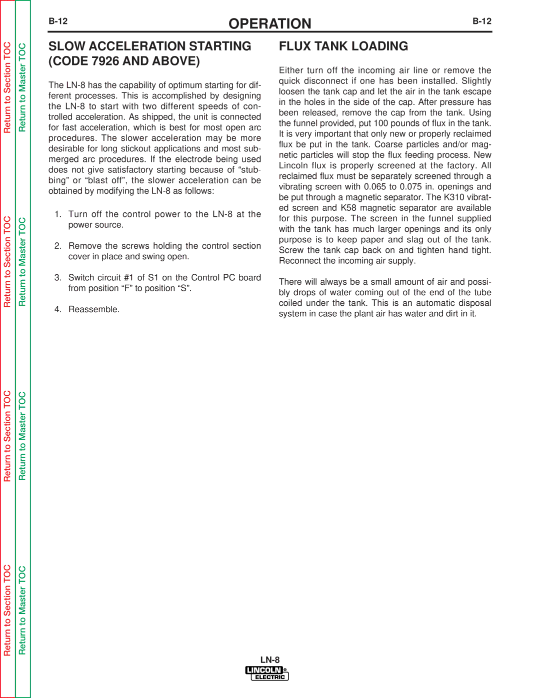 Lincoln Electric SVM132-A service manual Flux Tank Loading, Slow Acceleration Starting Code 7926 and Above 