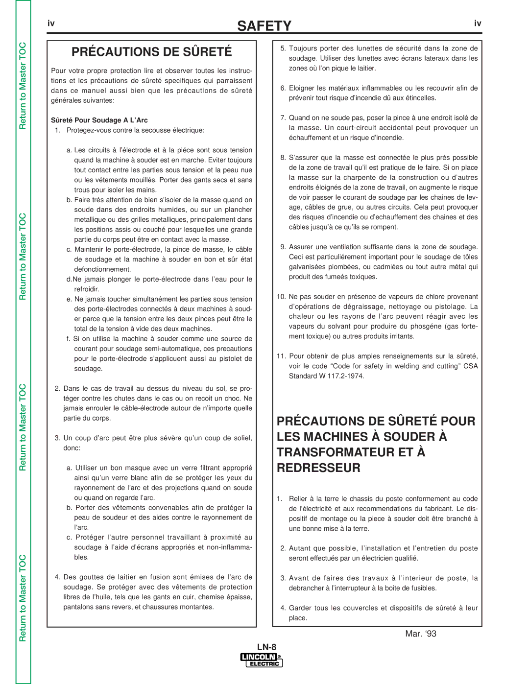 Lincoln Electric SVM132-A service manual Précautions DE Sûreté, Sûreté Pour Soudage a L’Arc 