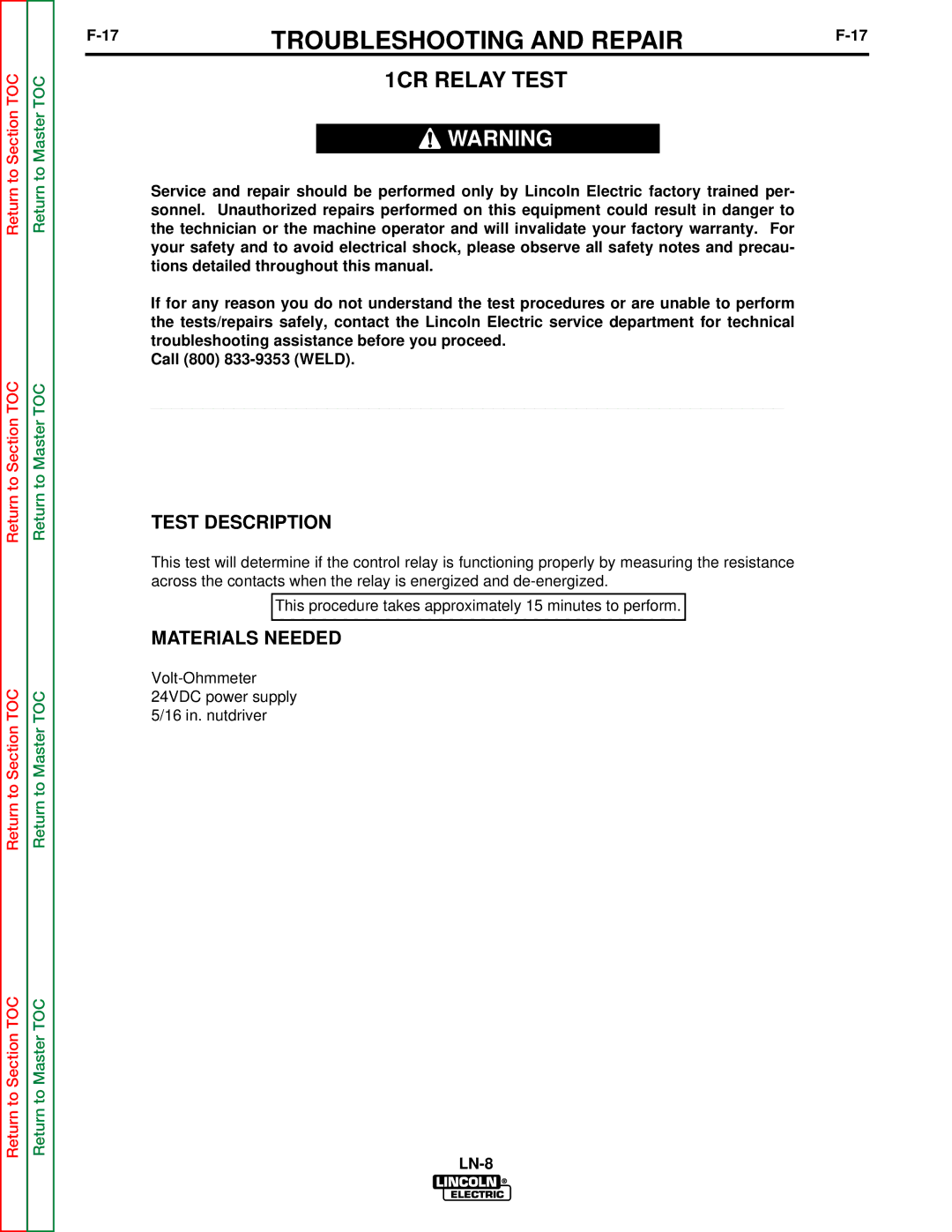 Lincoln Electric SVM132-A service manual 1CR Relay Test 