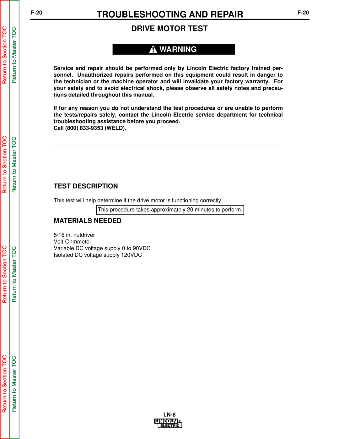 Lincoln Electric SVM132-A service manual Drive Motor Test 