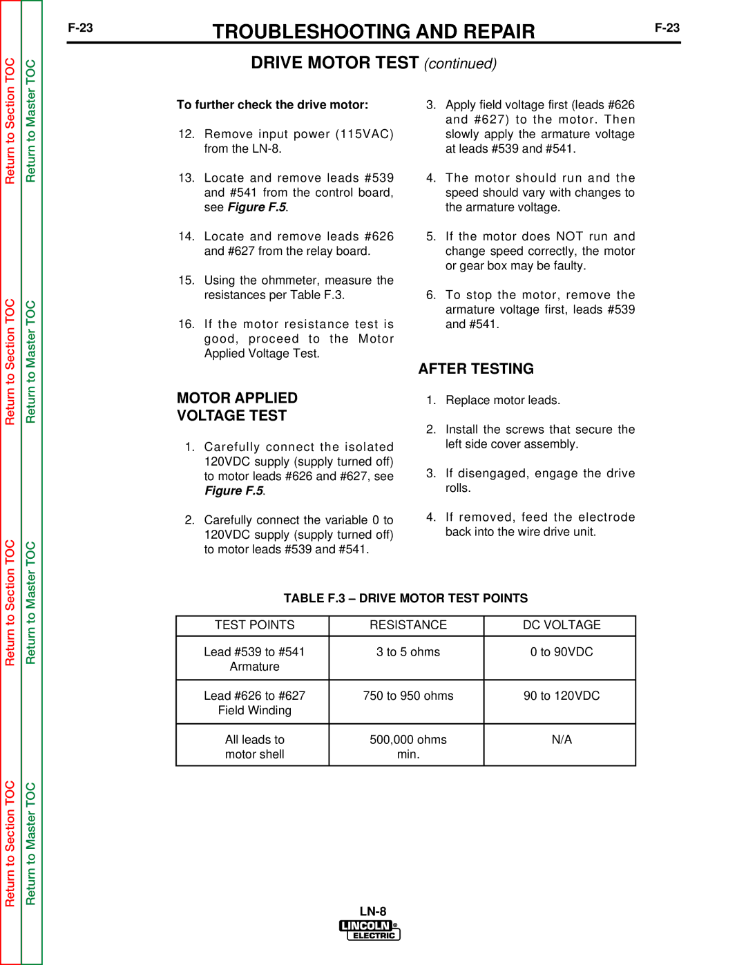 Lincoln Electric SVM132-A service manual To further check the drive motor, Table F.3 Drive Motor Test Points 