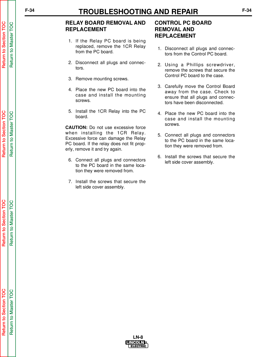 Lincoln Electric SVM132-A service manual Relay Board Removal Control PC Board Replacement 