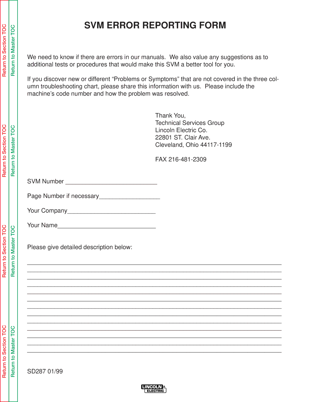 Lincoln Electric SVM132-A service manual SVM Error Reporting Form 