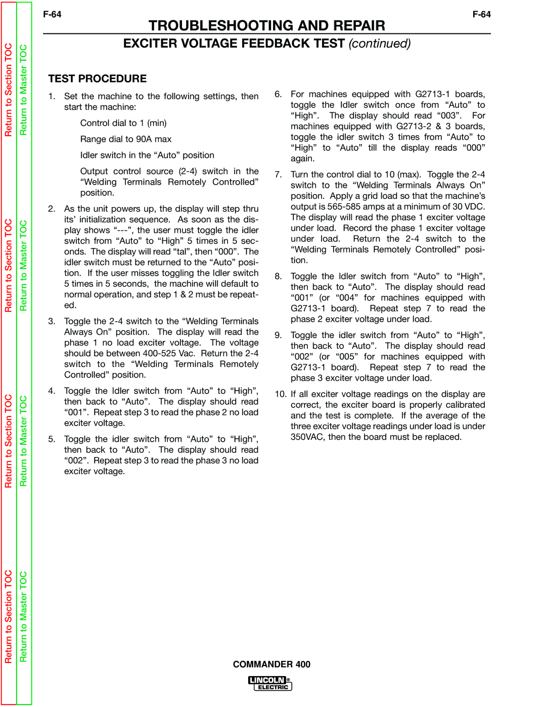 Lincoln Electric SVM133-B service manual Exciter Voltage Feedback Test 