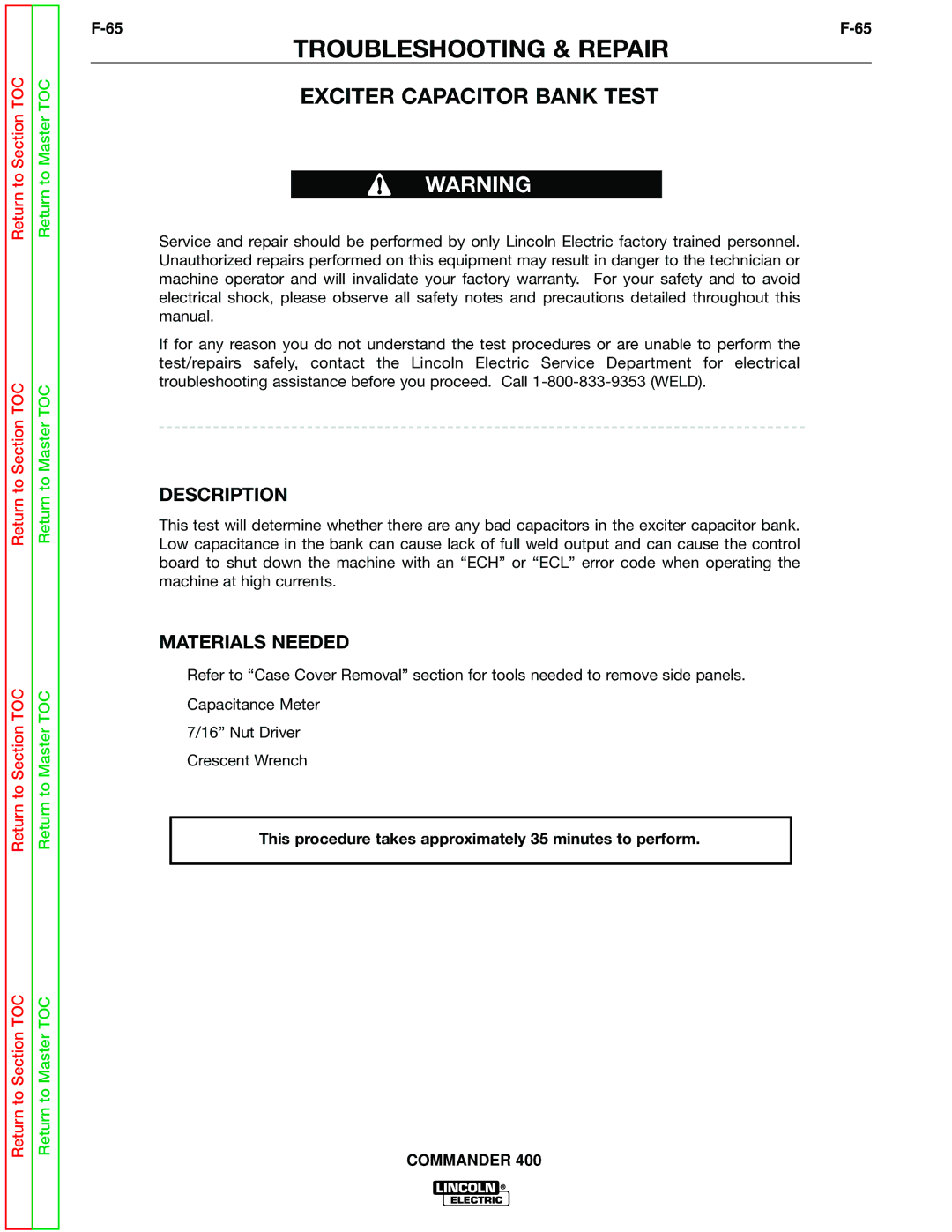 Lincoln Electric SVM133-B service manual Exciter Capacitor Bank Test 