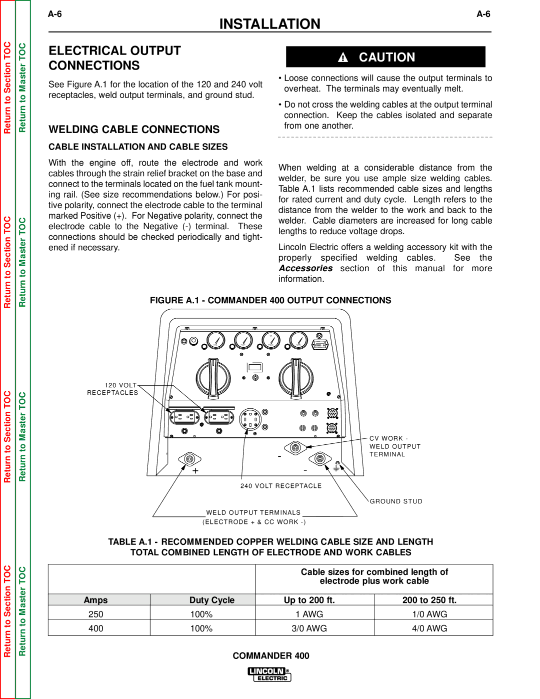 Lincoln Electric SVM133-B Electrical Output Connections, Welding Cable Connections, Cable Installation and Cable Sizes 