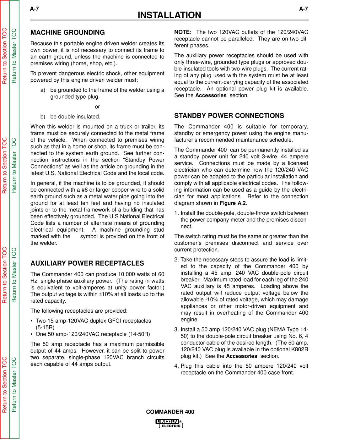 Lincoln Electric SVM133-B service manual Machine Grounding, Auxiliary Power Receptacles 