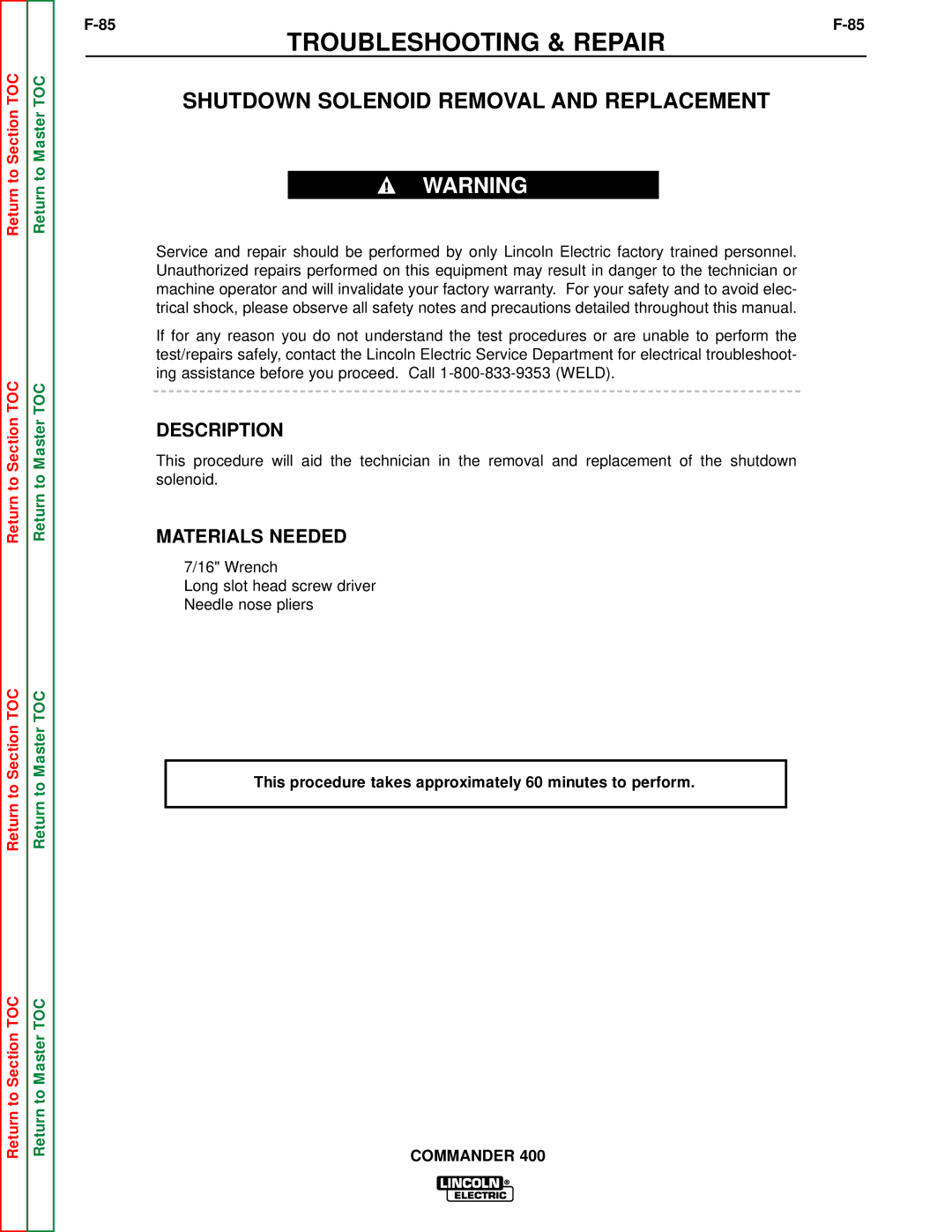 Lincoln Electric SVM133-B service manual Shutdown Solenoid Removal and Replacement, Description 