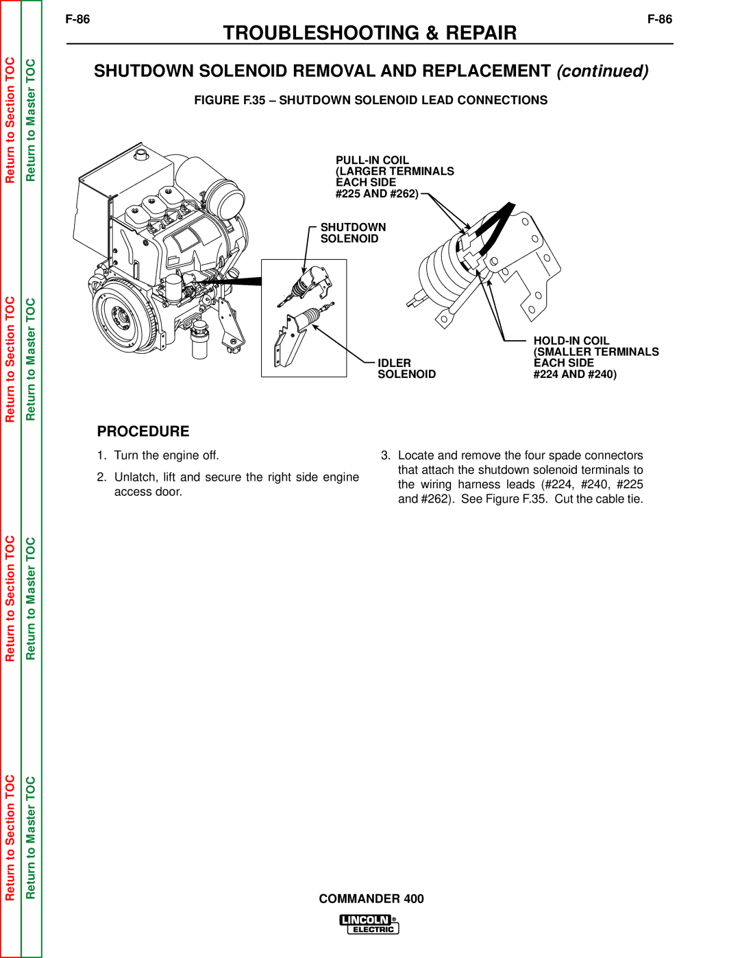 Lincoln Electric SVM133-B Shutdown Solenoid Removal and Replacement, Figure F.35 Shutdown Solenoid Lead Connections 