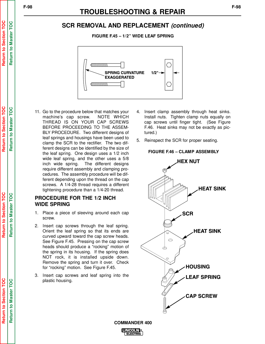 Lincoln Electric SVM133-B service manual Procedure for the 1/2 Inch Wide Spring, Figure F.45 1/2 Wide Leaf Spring 