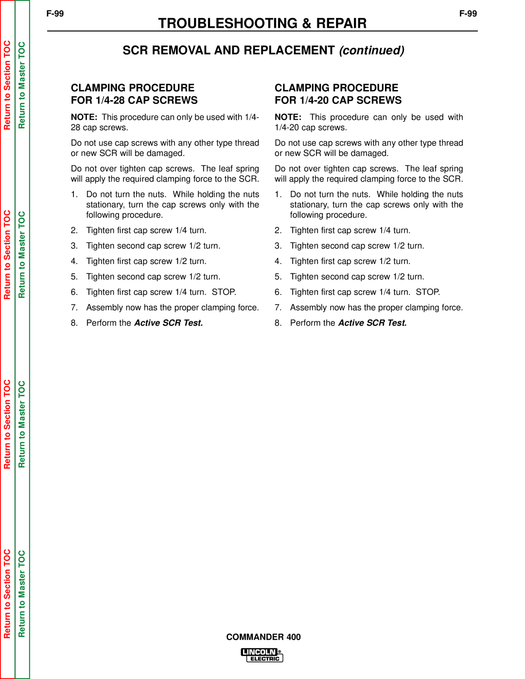 Lincoln Electric SVM133-B service manual Clamping Procedure For 1/4-28 CAP Screws, Clamping Procedure For 1/4-20 CAP Screws 