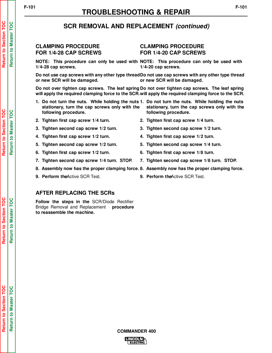 Lincoln Electric SVM133-B service manual After Replacing the SCRs, 101 