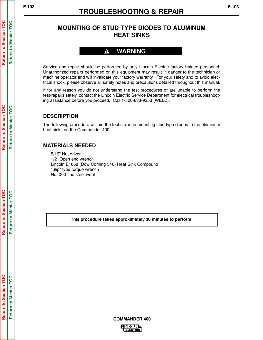 Lincoln Electric SVM133-B service manual Mounting of Stud Type Diodes to Aluminum Heat Sinks, 103 