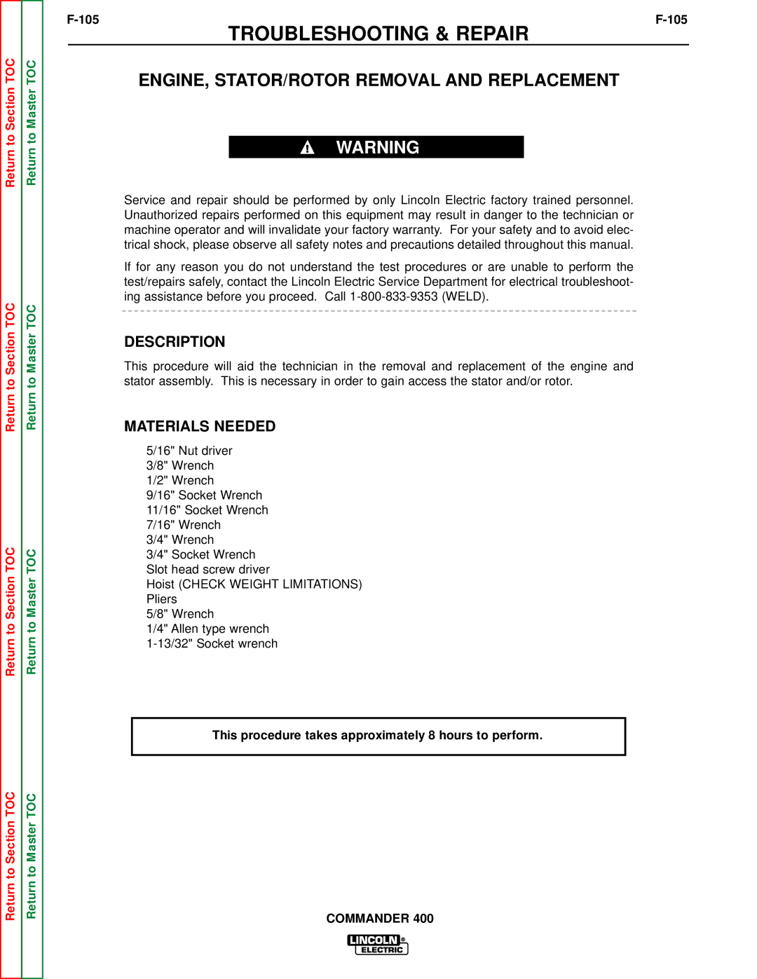 Lincoln Electric SVM133-B service manual ENGINE, STATOR/ROTOR Removal and Replacement, 105 