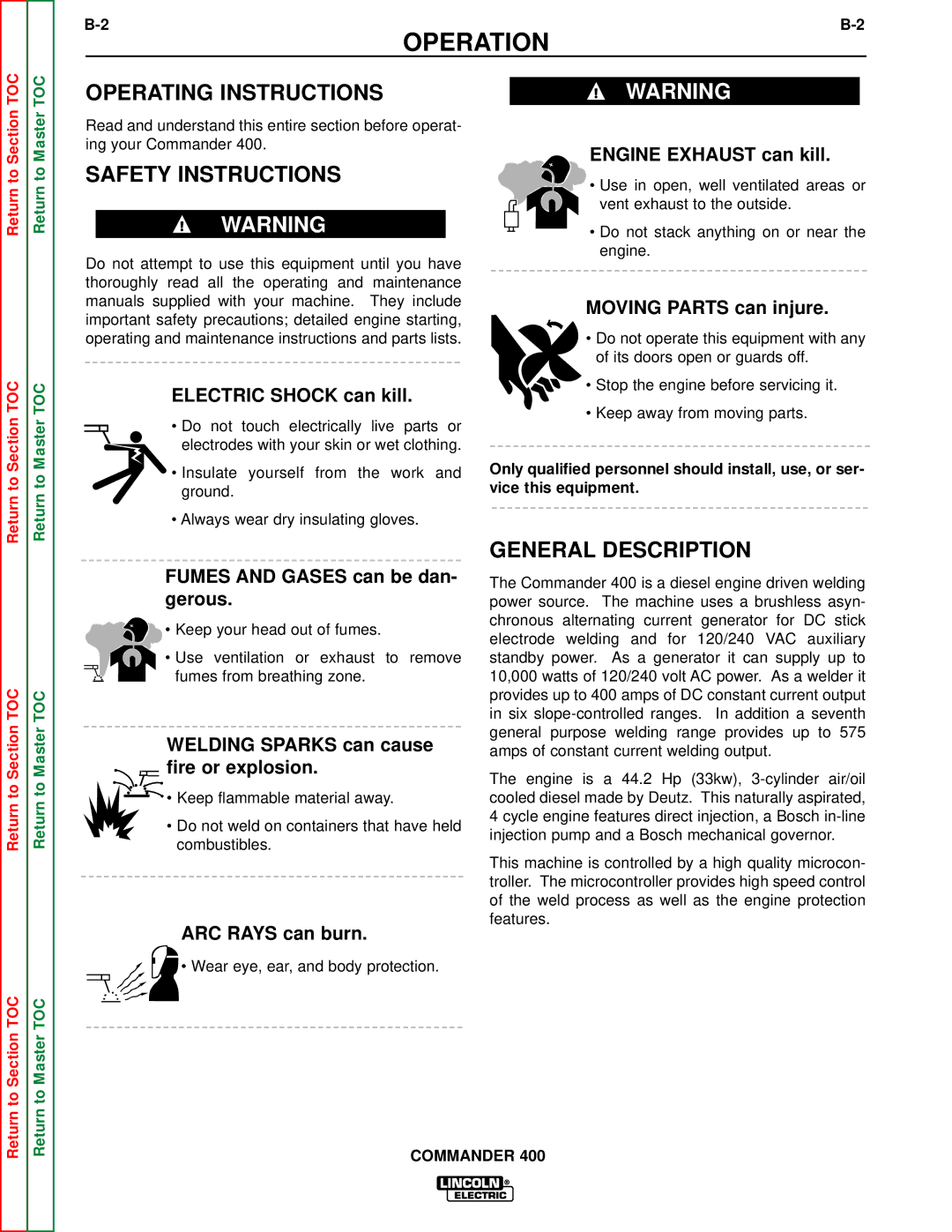 Lincoln Electric SVM133-B service manual Operating Instructions, Safety Instructions, General Description 