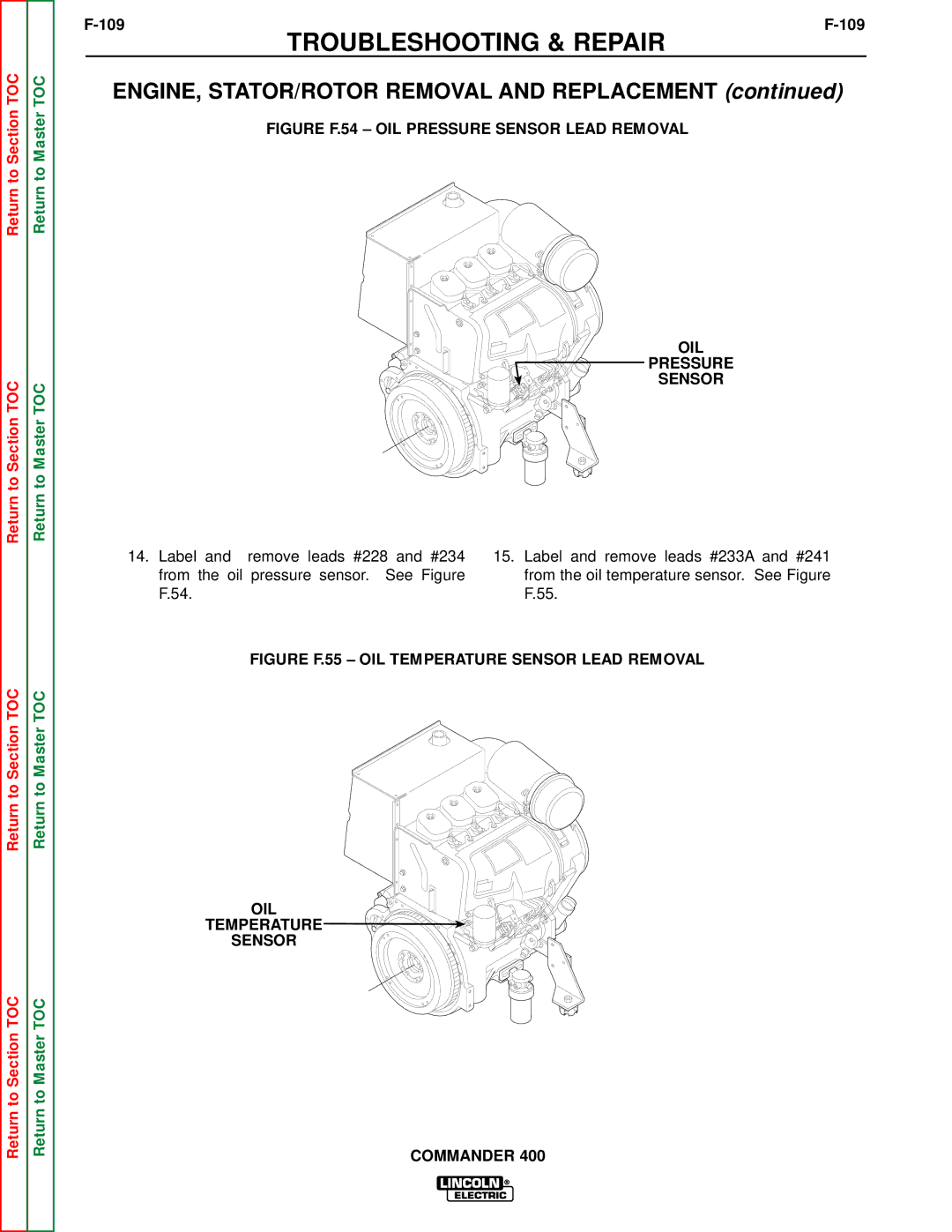 Lincoln Electric SVM133-B service manual 109, Figure F.54 OIL Pressure Sensor Lead Removal 