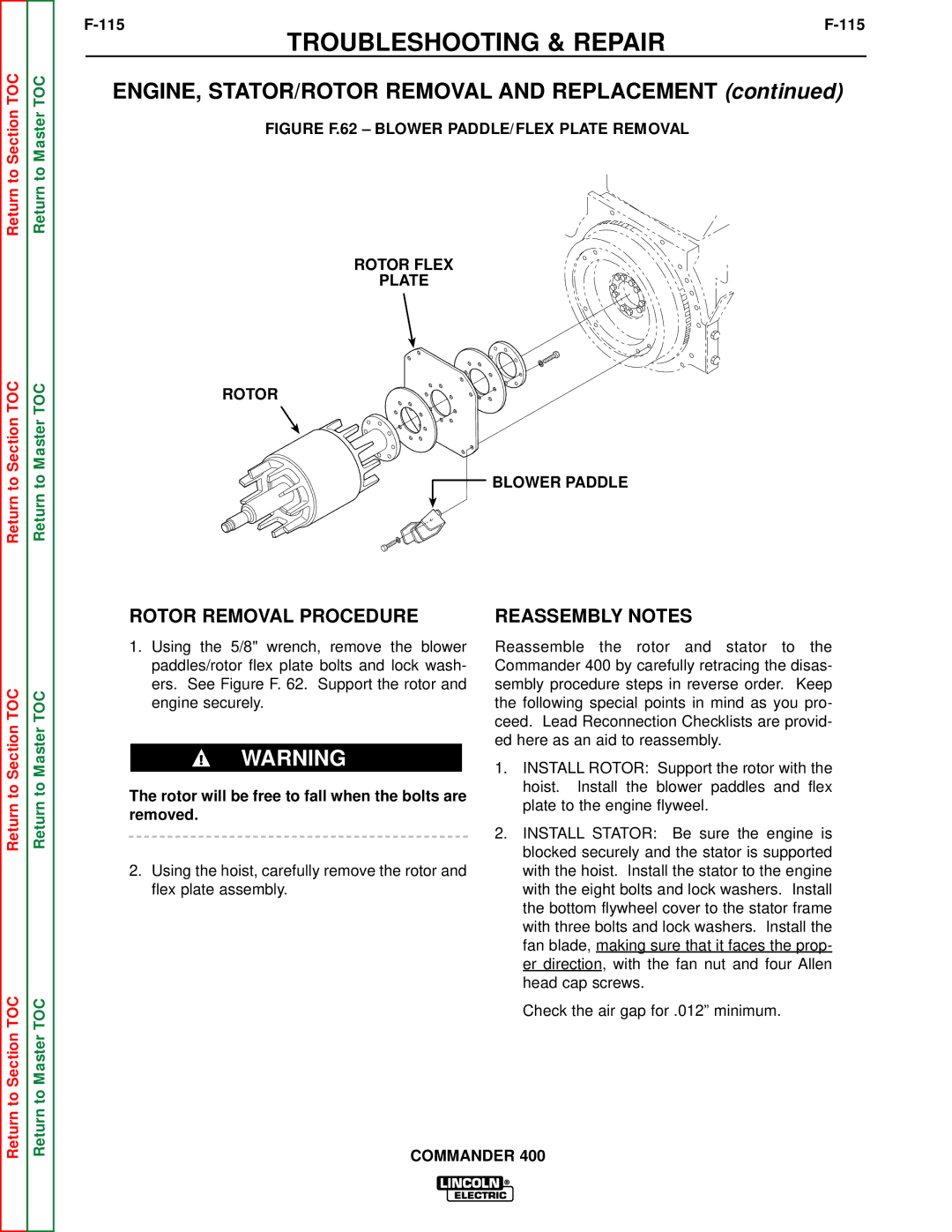 Lincoln Electric SVM133-B service manual Rotor Removal Procedure, Reassembly Notes, 115 