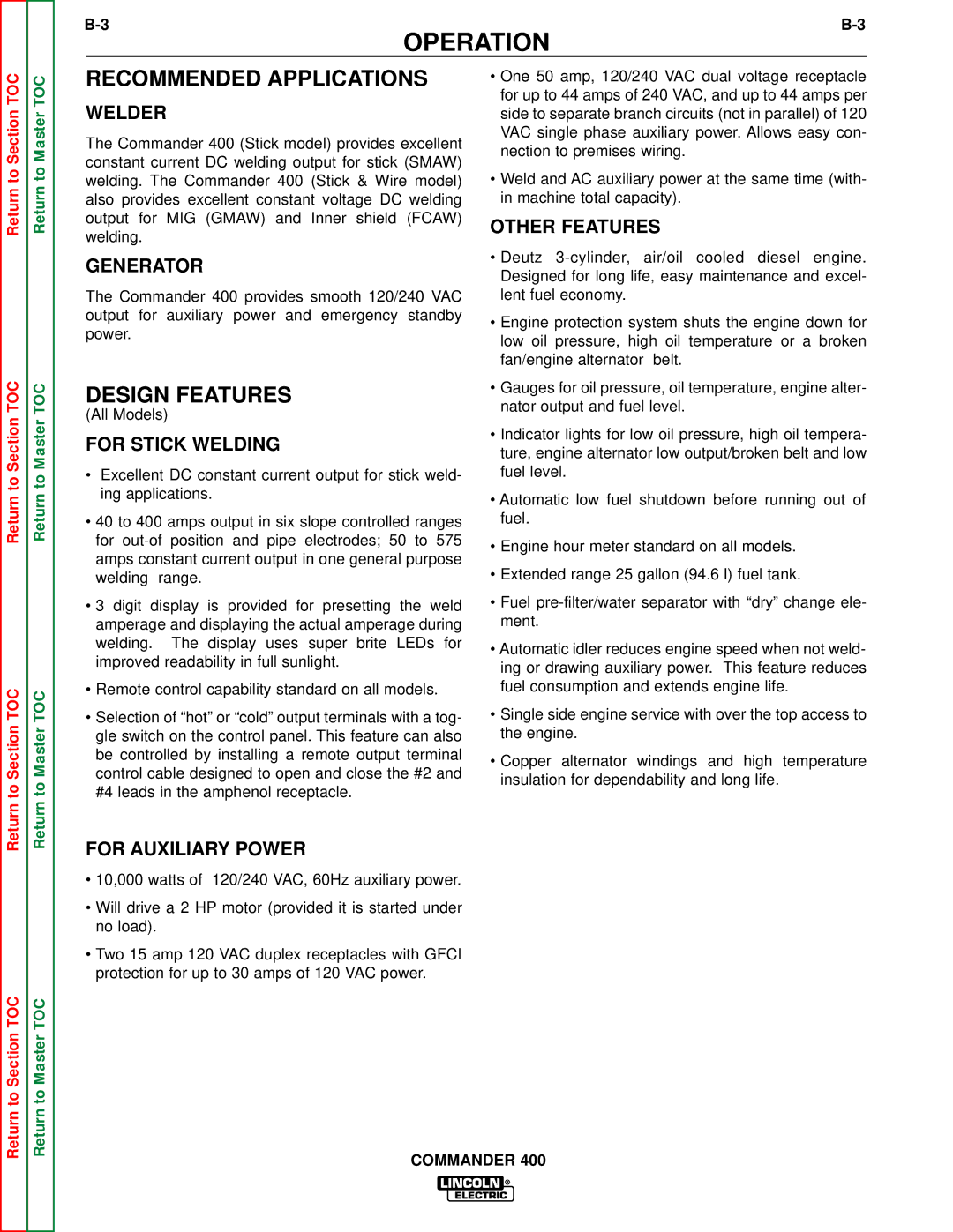 Lincoln Electric SVM133-B service manual Recommended Applications, Design Features 