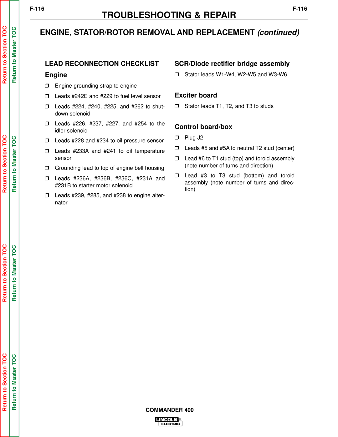 Lincoln Electric SVM133-B service manual Lead Reconnection Checklist, 116 