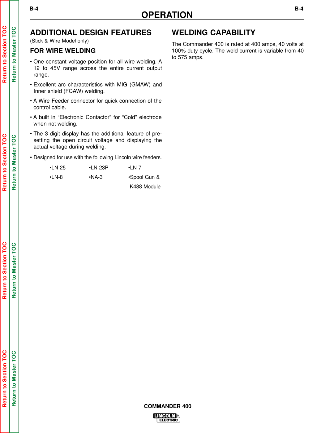 Lincoln Electric SVM133-B service manual Additional Design Features, Welding Capability, For Wire Welding 