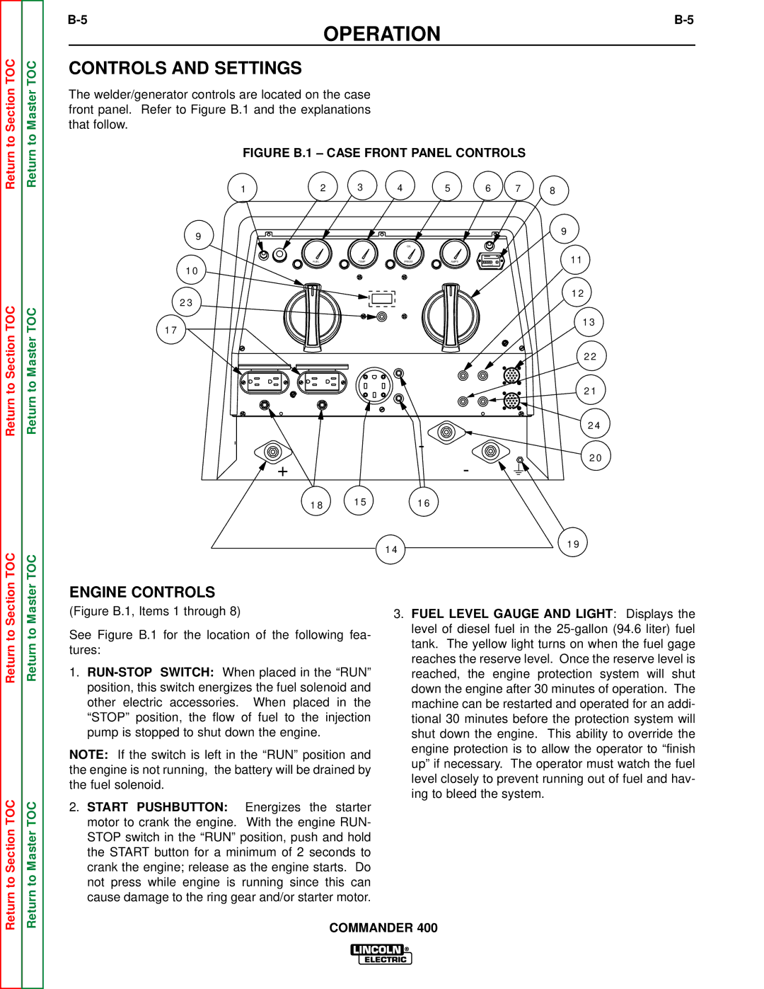 Lincoln Electric SVM133-B service manual Controls and Settings, Engine Controls 