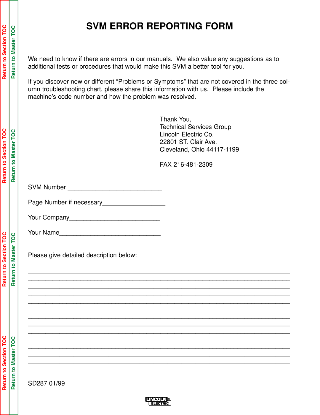 Lincoln Electric SVM133-B service manual SVM Error Reporting Form 