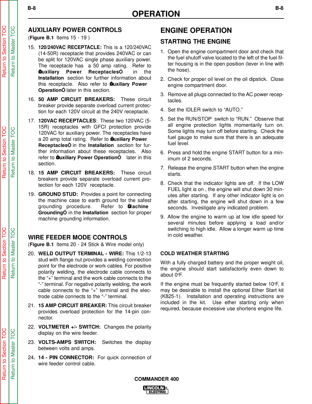 Lincoln Electric SVM133-B Engine Operation, Auxiliary Power Controls, Wire Feeder Mode Controls, Starting the Engine 