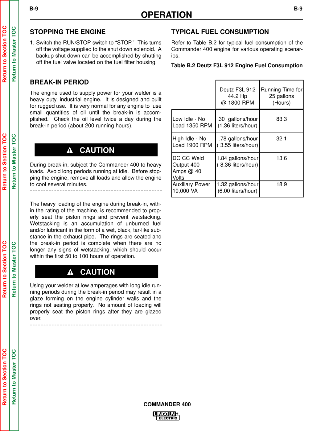 Lincoln Electric SVM133-B service manual Stopping the Engine Typical Fuel Consumption, BREAK-IN Period 