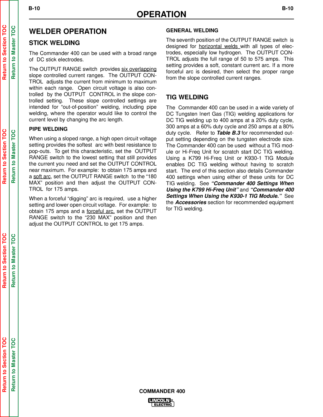 Lincoln Electric SVM133-B service manual Welder Operation, Stick Welding, TIG Welding, Pipe Welding, General Welding 