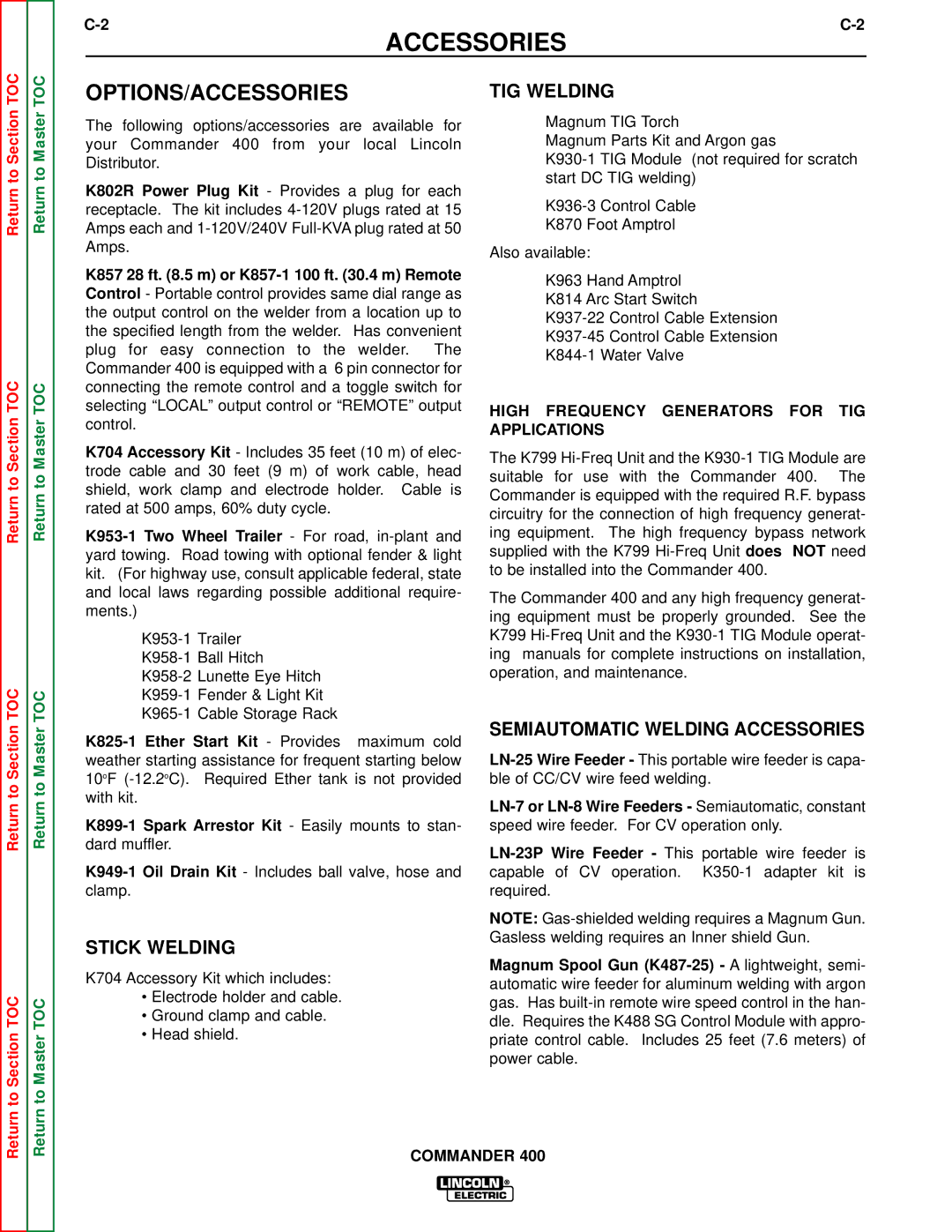 Lincoln Electric SVM133-B service manual Options/Accessories, Semiautomatic Welding Accessories 