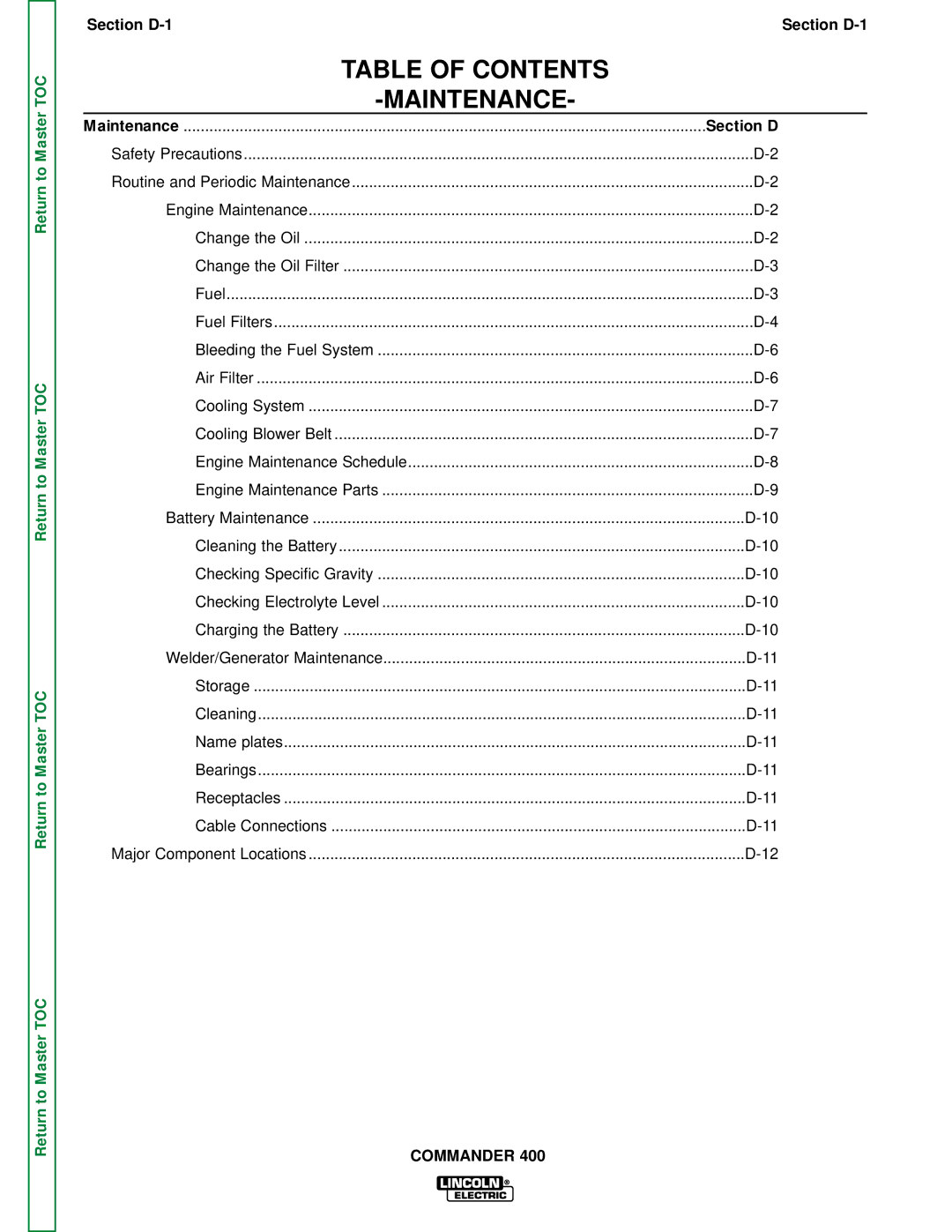 Lincoln Electric SVM133-B service manual Table of Contents Maintenance 