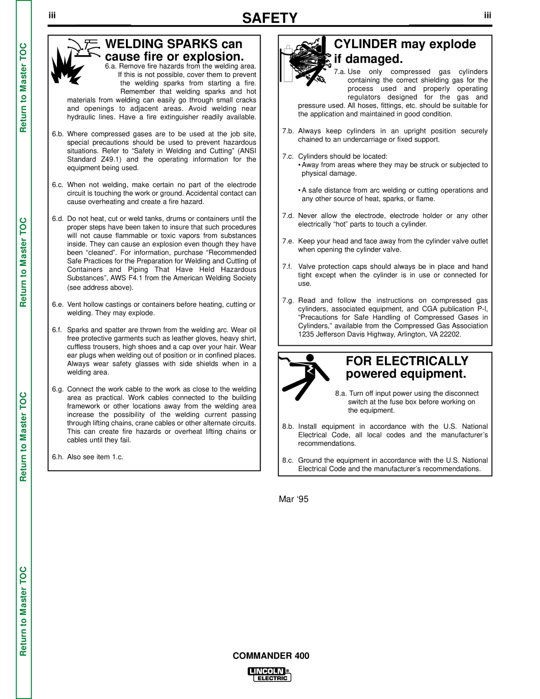 Lincoln Electric SVM133-B service manual Welding Sparks can cause fire or explosion, Cylinder may explode if damaged, Iii 