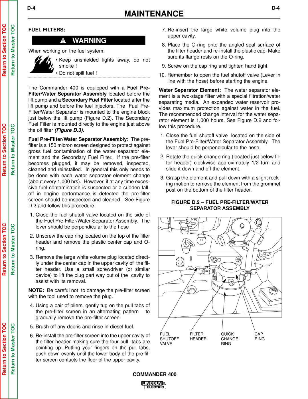 Lincoln Electric SVM133-B service manual Fuel Filters, Figure D.2 Fuel PRE-FILTER/WATER Separator Assembly 