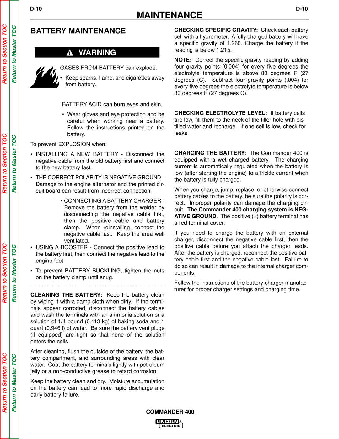 Lincoln Electric SVM133-B service manual Battery Maintenance 