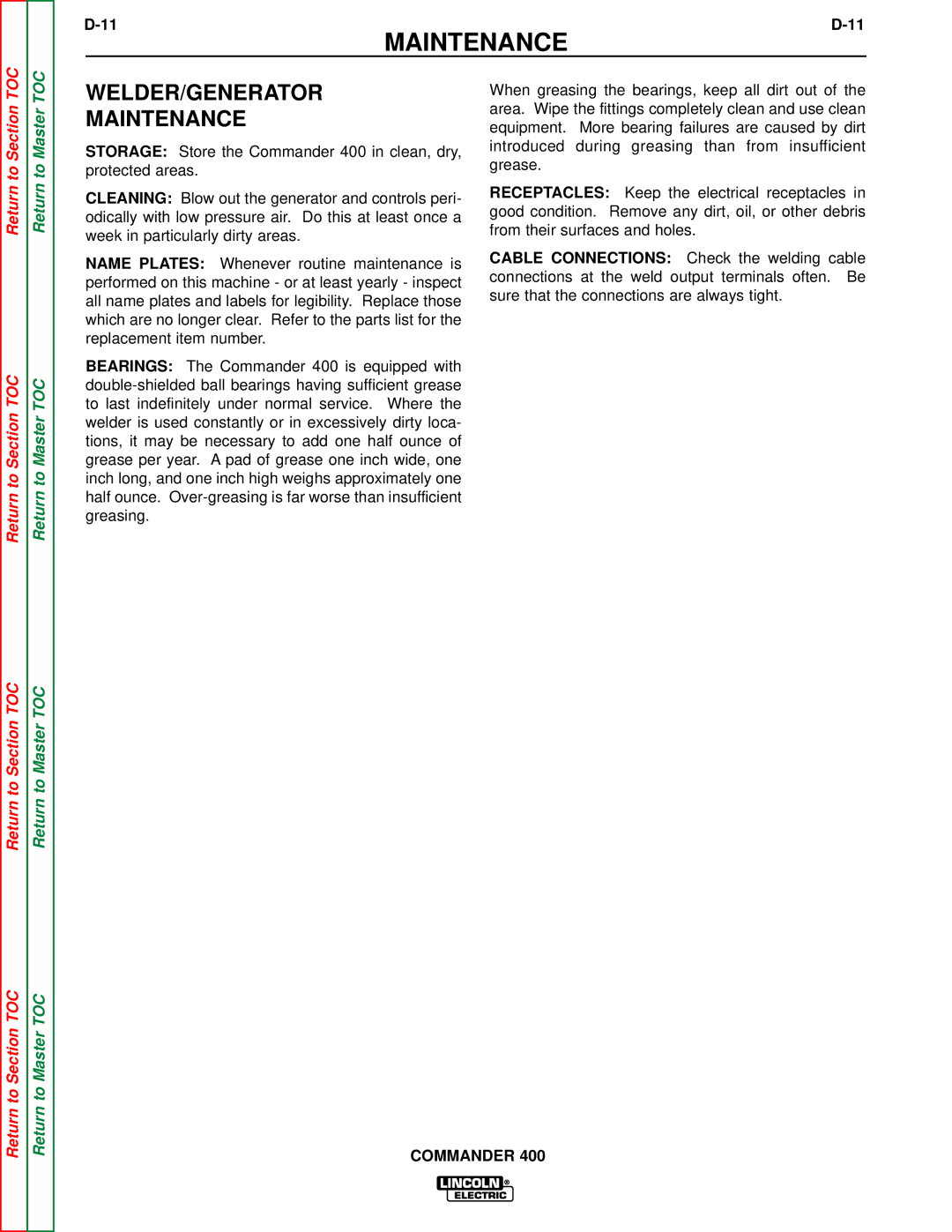 Lincoln Electric SVM133-B service manual WELDER/GENERATOR Maintenance 