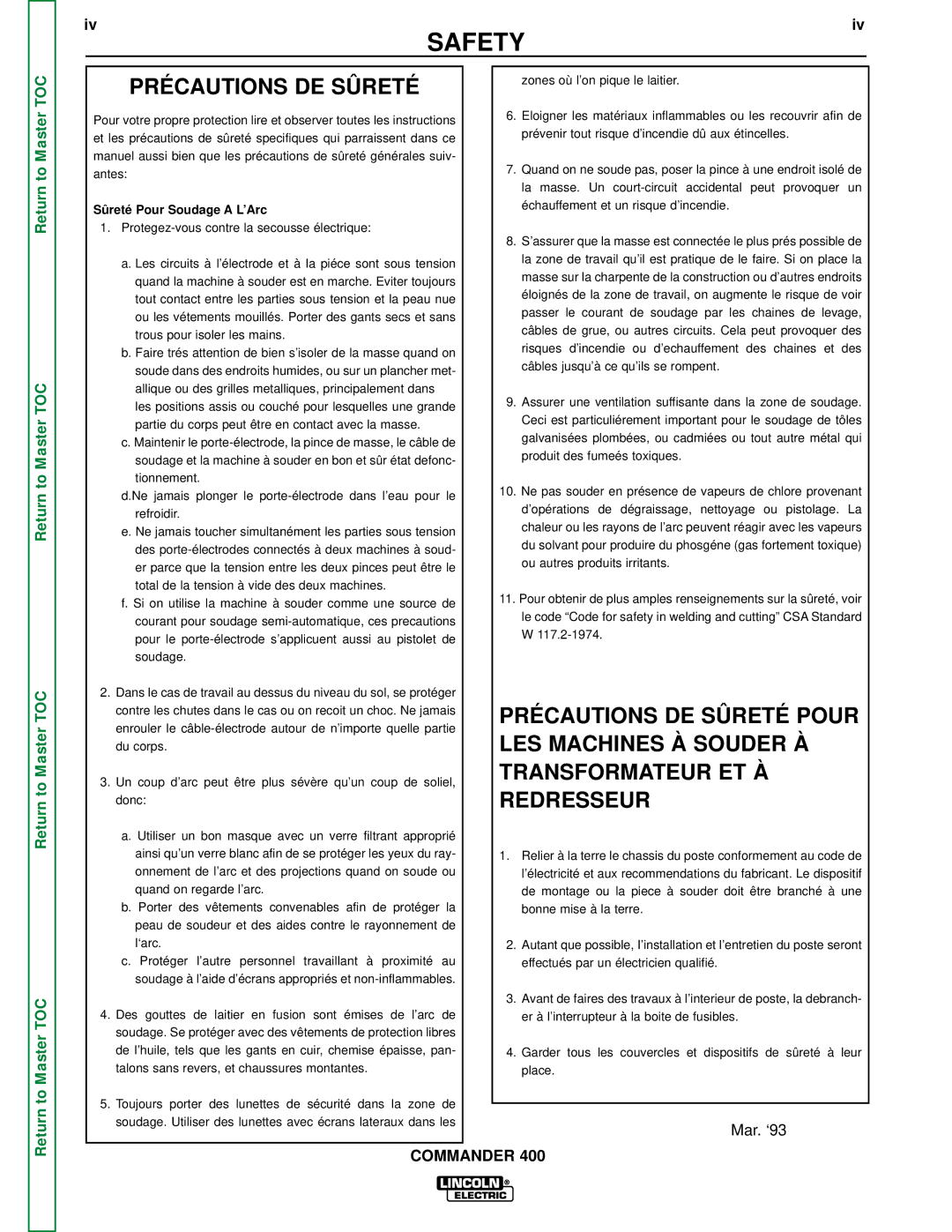 Lincoln Electric SVM133-B service manual Précautions DE Sûreté, Sûreté Pour Soudage a L’Arc 