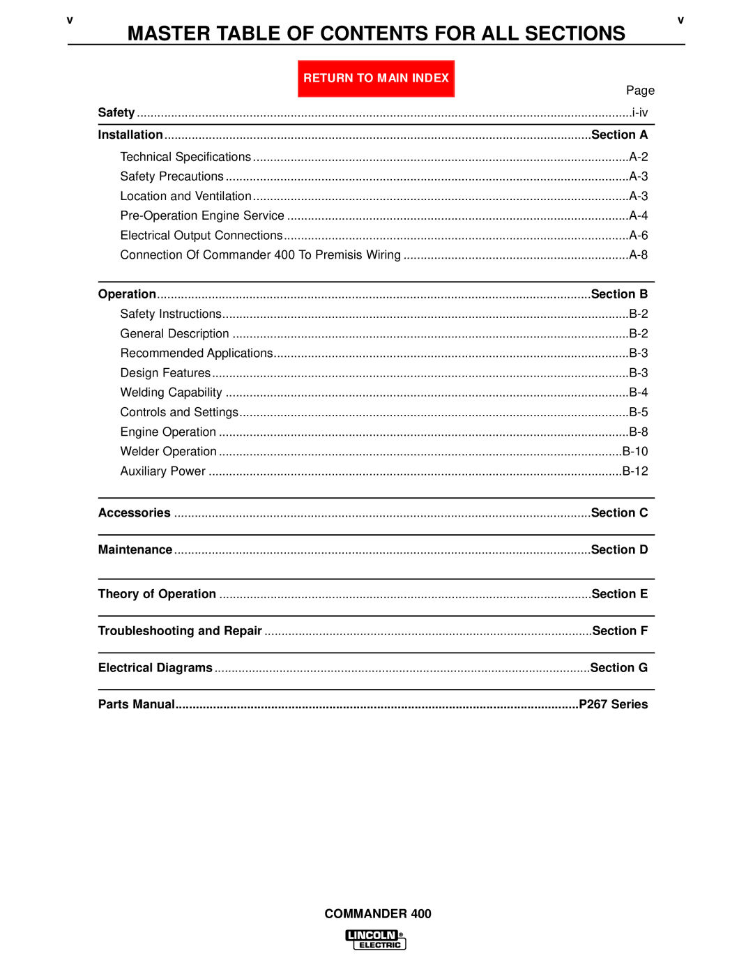 Lincoln Electric SVM133-B service manual Master Table of Contents for ALL Sections 