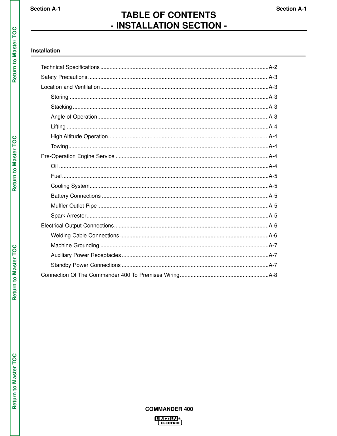 Lincoln Electric SVM133-B service manual Table of Contents Installation Section 