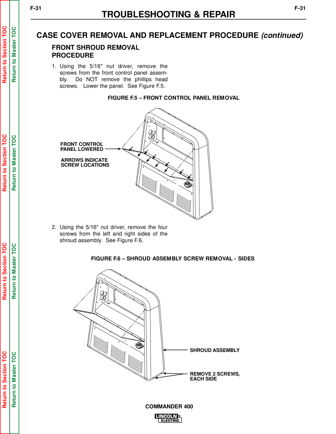 Lincoln Electric SVM133-B service manual Front Shroud Removal Procedure, Figure F.5 Front Control Panel Removal 