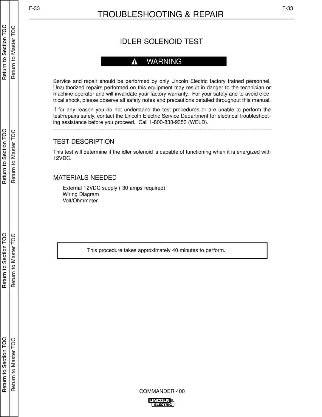 Lincoln Electric SVM133-B service manual Idler Solenoid Test, Test Description 