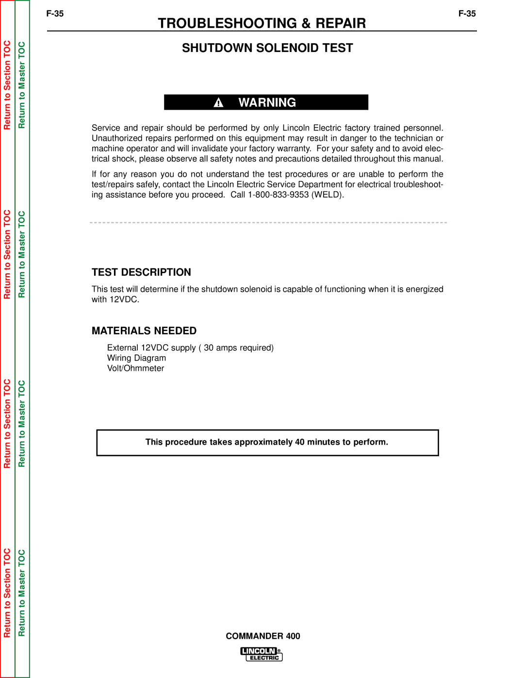 Lincoln Electric SVM133-B service manual Shutdown Solenoid Test 