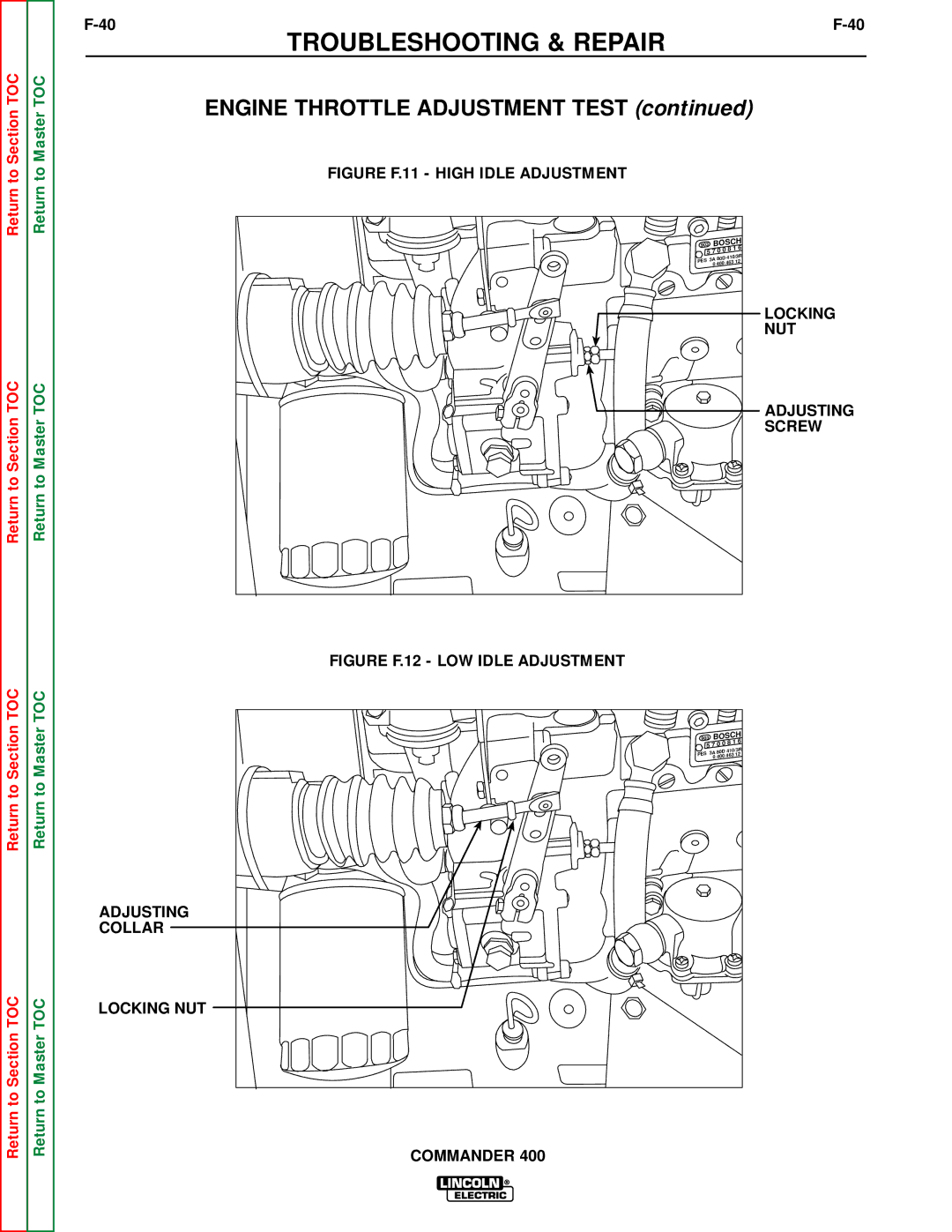 Lincoln Electric SVM133-B service manual Locking NUT Commander, Figure F.11 High Idle Adjustment 